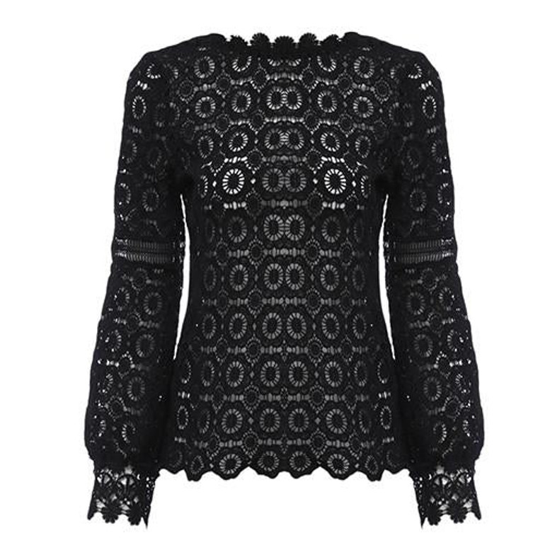 AZULINA Elegant floral lace blouse shirt Women lantern Long sleeve white blouse Autumn Spring hollow out short top Casual blusas