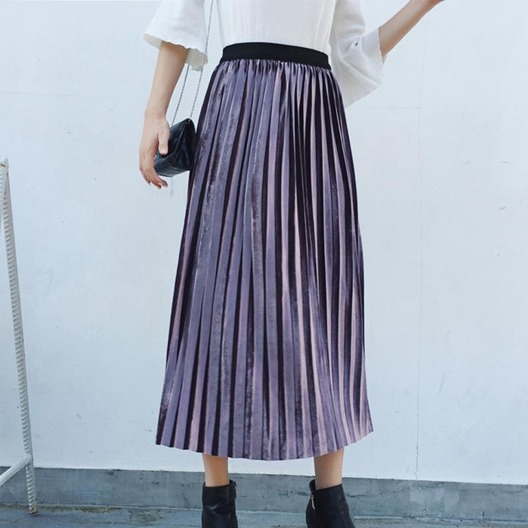 Casual Pleated Skirts Womens Autumn 2017 New Arrival Fashion Long Skirt Velvet High Waist Elastic Solid Women Skirt Black Gray