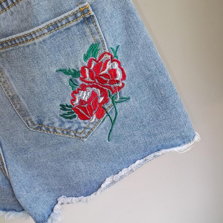 2017 New Summer Shorts Girls Streetwear Fashion Floral Embroidery High Waist Denim Shorts Women Retro Sexy Short Femme Plus Size