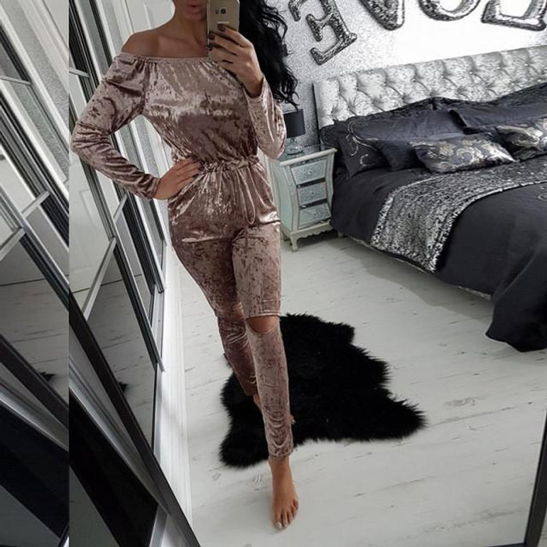 S-2XL Elegant Rompers Women velvet Jumpsuit Fashion Bodysuit long Sleeve off shoulder hole Romper Playsuits Long Pants