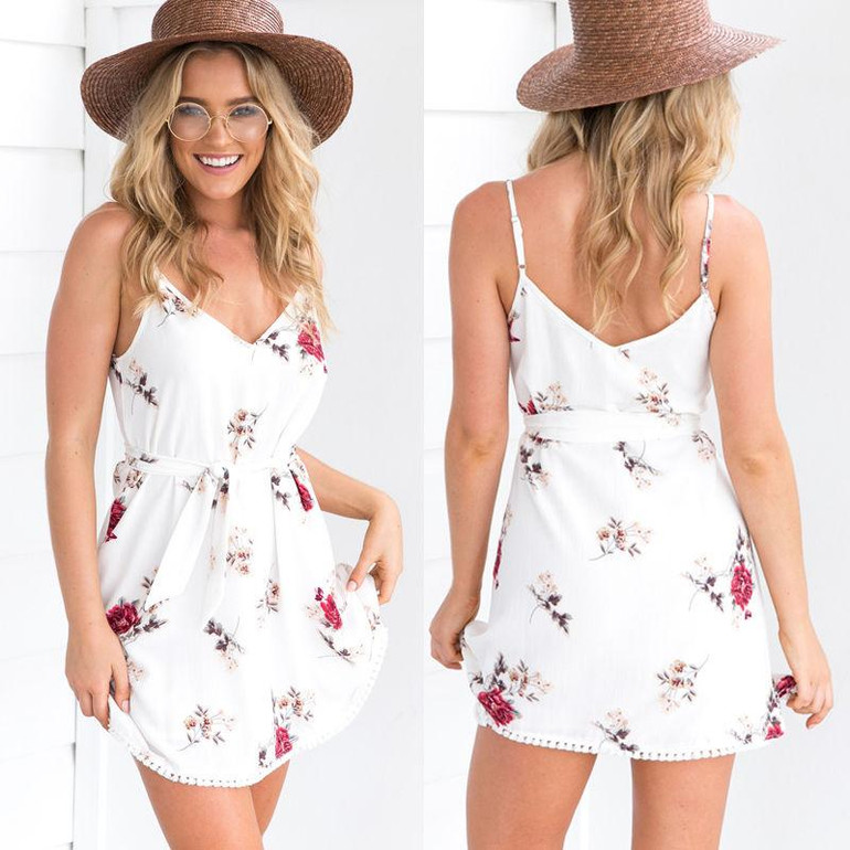 Floral Print Dresses Summer Boho Spaghetti Strap Women Dress White V-neck Tassel Backless Sexy Vestidos 2017 Beach Dress