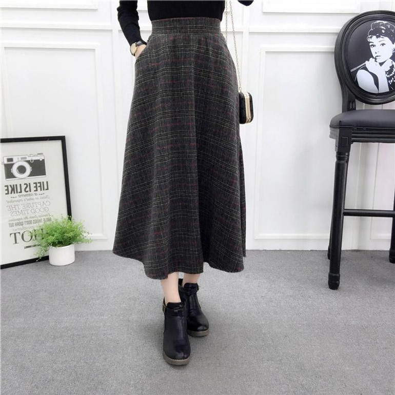 2017 Winter Autumn Plaid Skirt Women Fashion Elastic High Waist long wool Skirts plus size A-line Midi woolen maxi skirt faldas