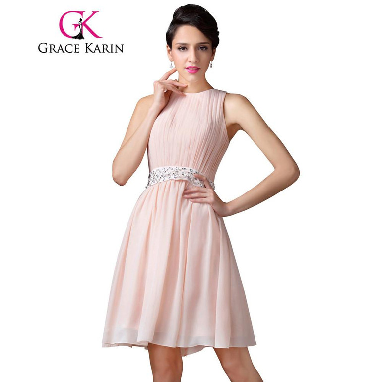 Grace Karin Short Prom Dress Knee Length Pink Party Formal Gowns Chiffon Beadings Women Elegant Special Occasion Dress 2017