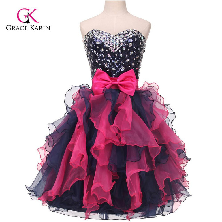 Grace Karin Short Cocktail Dresses 2017 Crystal Prom Ball Gown Organza Vestido Coctel Knee Length Robe de Cocktail Party Dresses