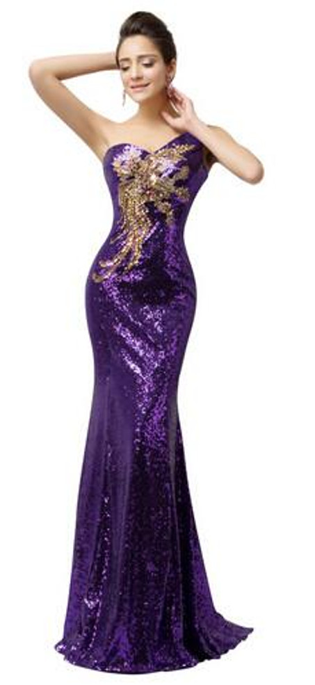 Grace Karin Sequins One Shoulder Mermaid Evening Dress 2017 Purple Emerald Green Evening Dress Long Elegant Peacock Formal Gown