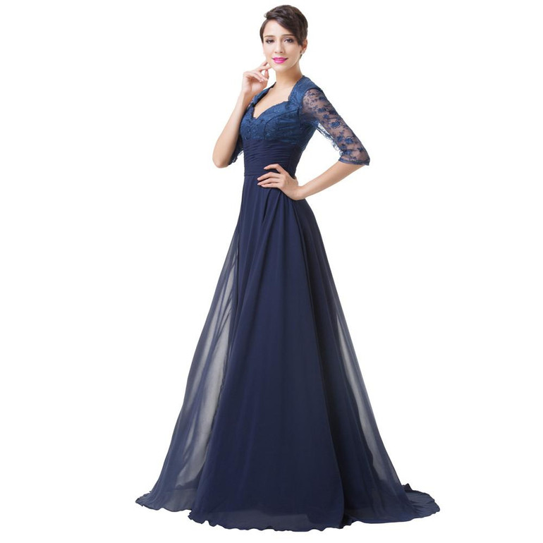 Grace Karin Half Sleeve Evening Dresses Elegant Long Formal Party Prom Gown Empire Chiffon Navy Blue Special Occasion Dress 2017