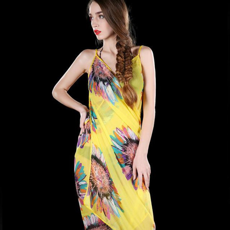 2016 New Fashion Women Sexy Summer Bikini Chiffon Wrap Floral Print Pareo Boho Dress Sarong Beach Bikini Swimwear Cover Up Scarf