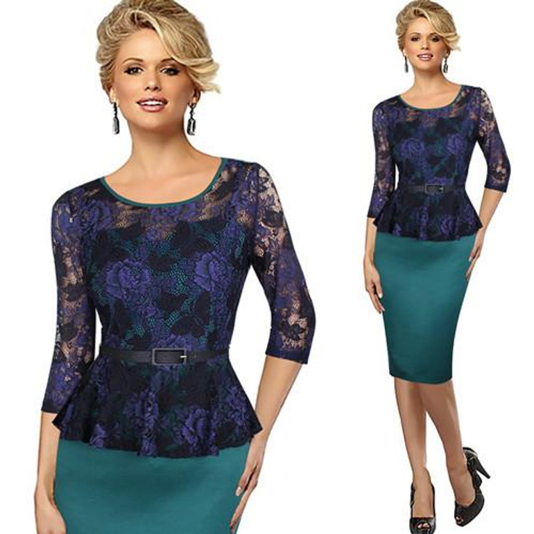 Vfemage Women Vintage Ladylike Sexy Lace top 3/4 Sleeve O-Neck Peplum Tunic Bodycon Women Wear to Work Office Pencil Dress 4909