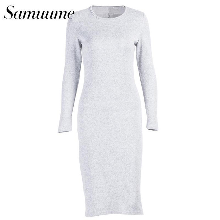 Samuume Elegant Autumn Stretchy Bodycon Dress 2018 O-Neck Long Sleeve Ladies Office Winter Pencil Sexy Dresses Vestidos S1711305