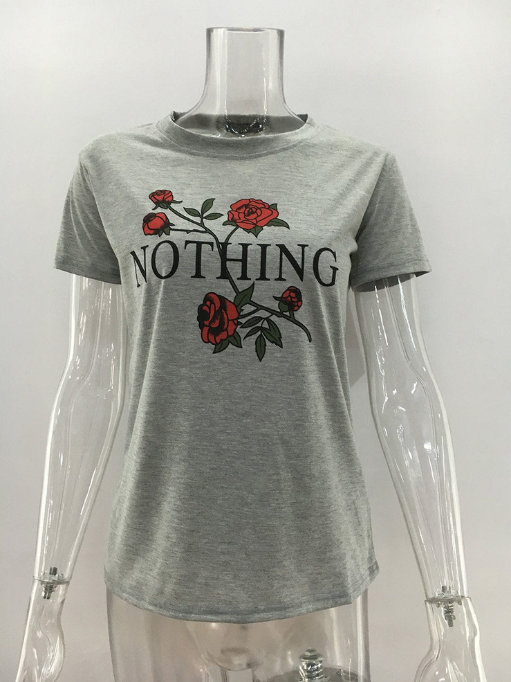 Nothing Letter Print Rose Harajuku T-Shirt Women 2017 Summer Casual Short Sleeve TShirt Female Plus Size Punk Tops Shirts