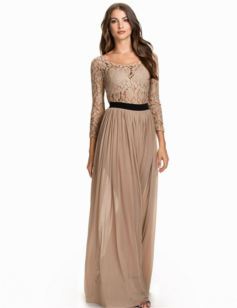 R80138 Comeondear Women Long Dress Party Evening Elegant Plus Size Sexy Lace Dress O-Neck Floor Length Long Sleeve Maxi Dress