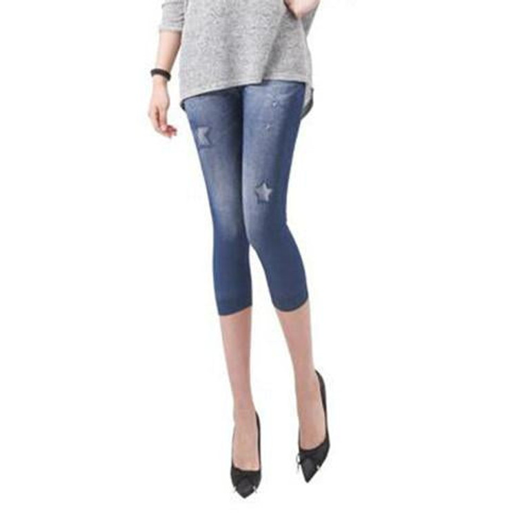 Hot Sale Women Casual Seamless Imitation Cowboy Printed Leggings Stretch Skinny Cropped To the Calf Leggings Half Pants Lady