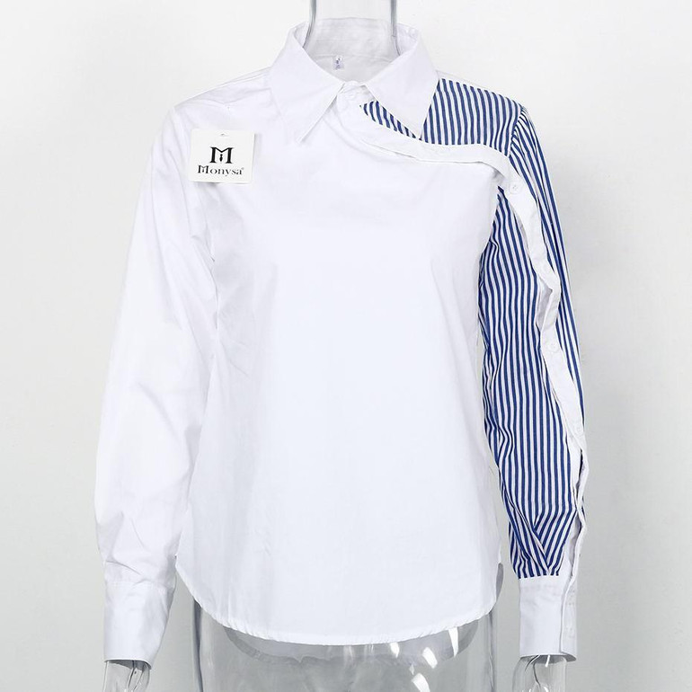 Striped Shirt Women 2018 Spring New Arrivals Fashion Collar Patchwork Long Sleeve Blouses Ladies Streetwear Blouses White