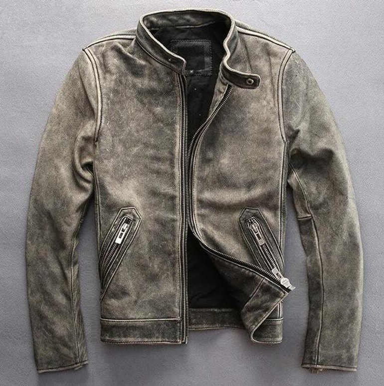 Vintage Men's Fashion cow leather motorcycle rider jacket collar embroidery leather motorcycle rider cowhide leather jacket