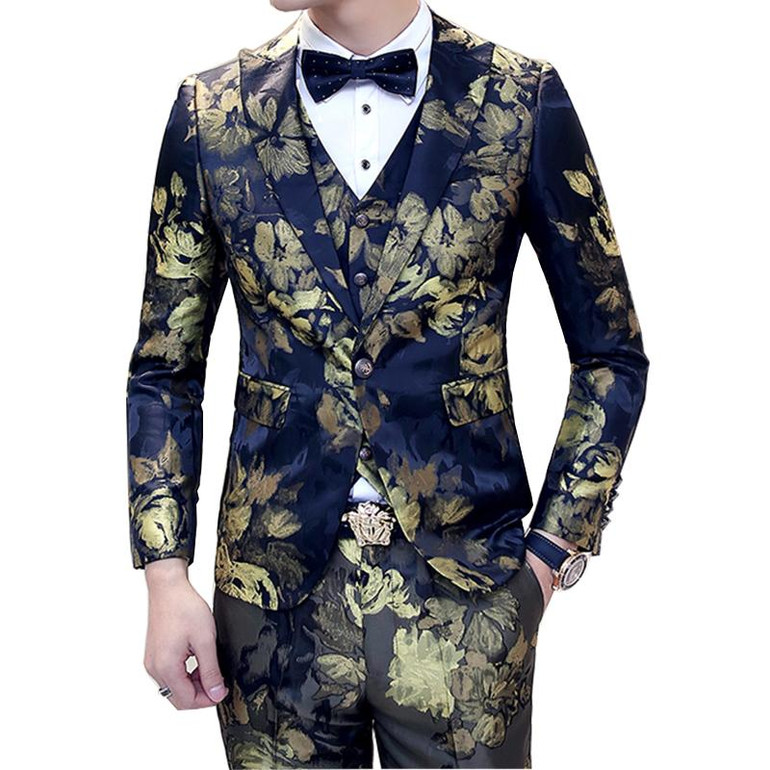 ( Jacket + Vest + Pants ) New Mens High-grade Printing Groom Wedding Dress Suits / Male Slim Fashion Leisure Suits / Men Blazer