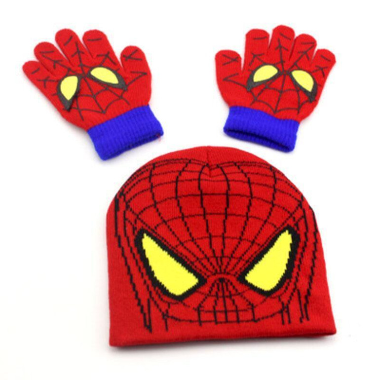 BINGYUANHAOXUAN Autumn Winter Girls Boys Hat Set Cartoon Spider Man Warm Cap knitted Hat Gloves Children Hat Sets Bonnet Gorro