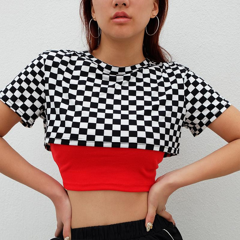 Weekeep Women Fashion Plaid Cropped t-shirt Summer Streetwear t shirt Women Checkerboard Corp Top Short Feminino tee shirt Tops
