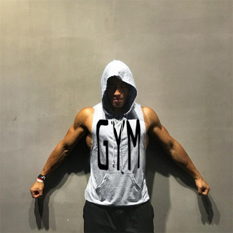 Fitness Men Bodybuilding Sleeveless Muscle Hoodies Workout Clothes Casual Cotton Tops Hooded Tank Tops