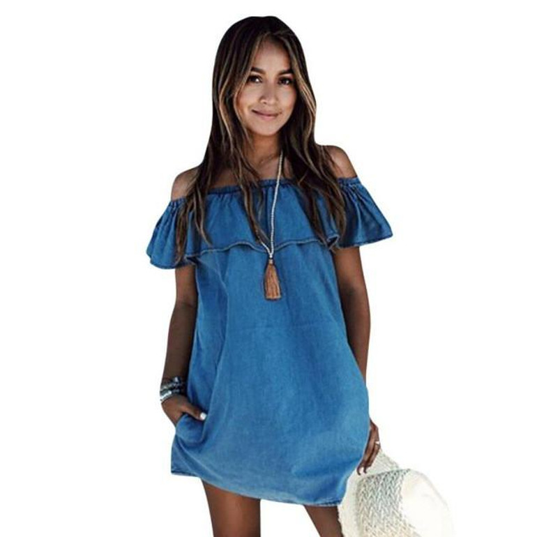 New Sexy Womens Blue Mini  Summer Beachwear Dress Ladies Ruffles Dresses Slash Neck Off Shoulder Vestidos