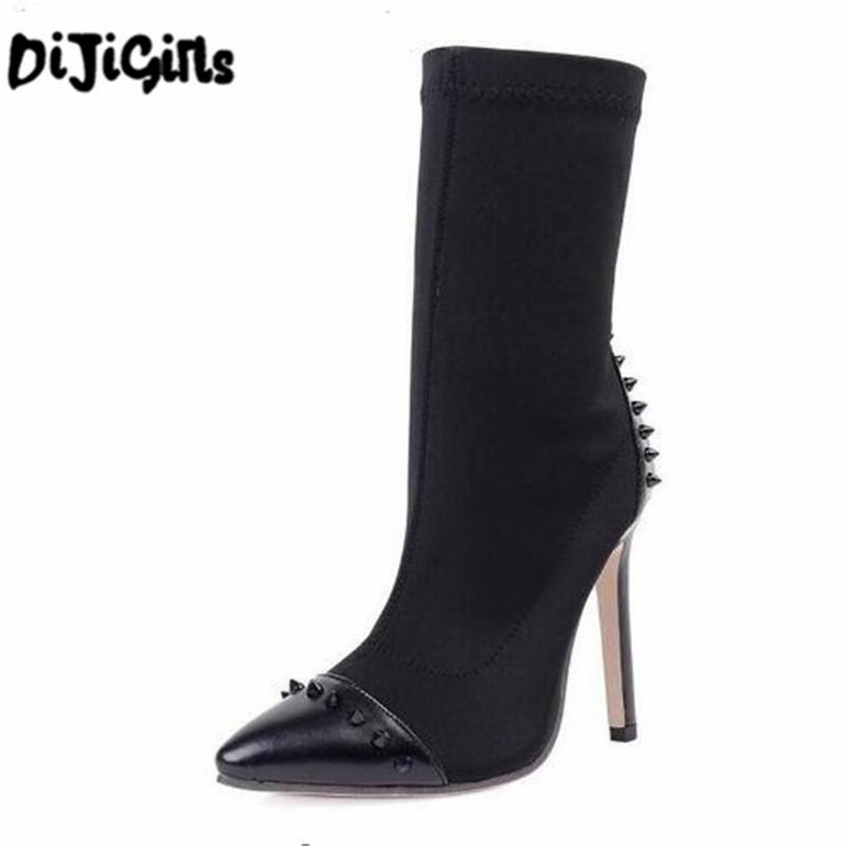 French Fashion Women Ankle Boots Stretch Fabric Pointed Toe High Heels Sexy Rivets Stiletto Pumps Black Sock Bootie Shoes Woman
