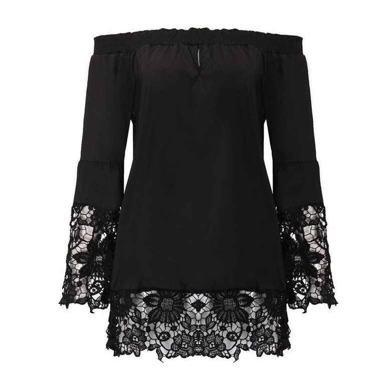 Off Shoulder Shirts Women Blouses 2018 Sexy Slash Neck Flare Sleeve Patchwork Lace Crochet Blusas Casual Tops Plus Size S-5XL