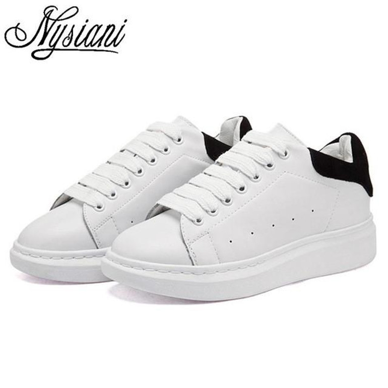 Nysiani Round Toe Shoes Women Split Leather Shoe Casual White Shoes For Girls Lace Thick Sole Loafers Flats 2017 Style Flats