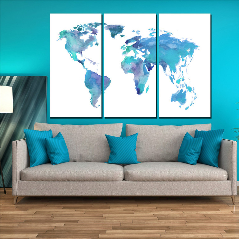 Wall Art Painting Canvas Painting Blue And White World Map Poster 3 Pieces Vintage Map World Maps 3 Pieces
