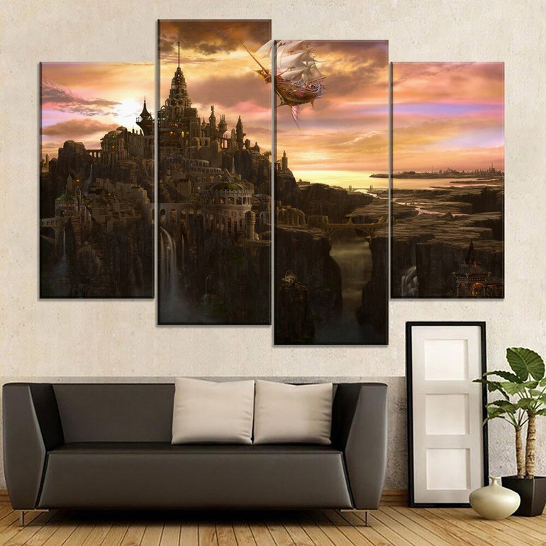 HD Print Type Pictures Home Decor 4 Piece Fantasy City Ship Sky Waterfall Canvas Painting Bedroom Wall Art Poster