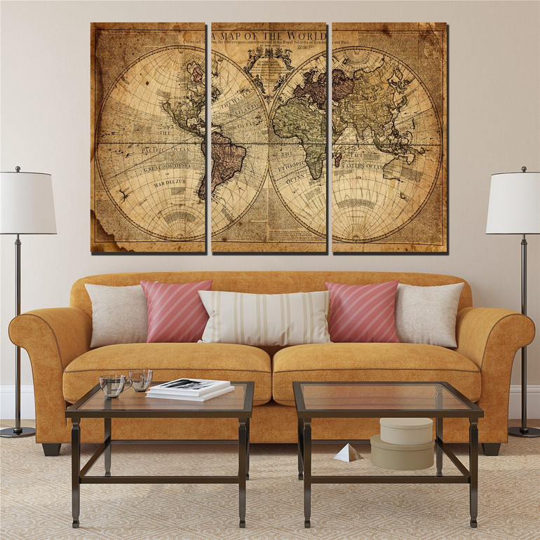 Wall Painting Art Picture Paint On Canvas Nostalgic World Map Poster 3 Panel Wall
