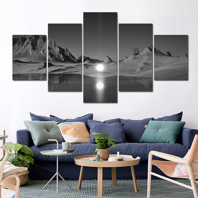 Wall Art Poster Modular Canvas HD Prints Paintings 5 Pieces Full Moon Mountain Pictures Home Decor Living Room