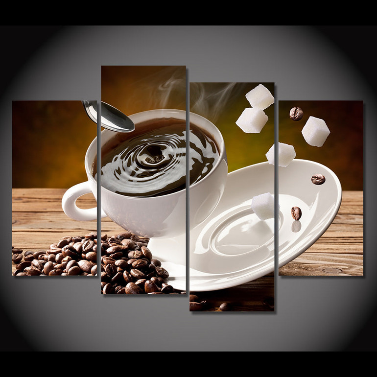 Canvas Painting 4 Piece Art Coffee Sugar Beans Cup Upset HD Printed Home Decor Poster Picture Living Room