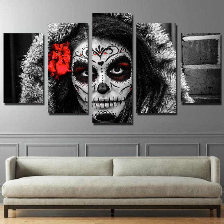 5 Pieces Canvas Painting Printed Abstract Sugar Skull Style Wall Art Canvas Modular
