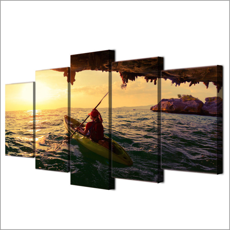 5 Piece Canvas Art HD Print Kayak Girl Sailing Sunset Painting Living Room Wall
