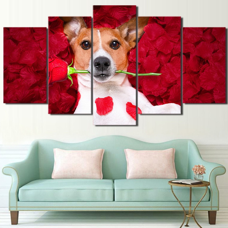 HD Printed 5 Piece Canvas Art Dog Holding Roses Paintings Wall Pictures Modular Music Poster Home Decor