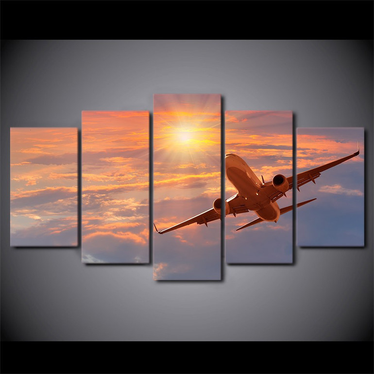 HD Printed 5 Pieces Canvas Art Painting Sunset Airplane Poster Sunset Cloud Wall Pictures Room