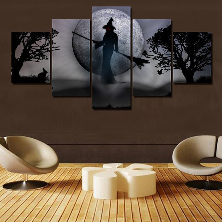 5 Panel Witch Sorceress Halloween Festival Wall Art Picture Home Decoration Canvas Print Painting Canvas Art