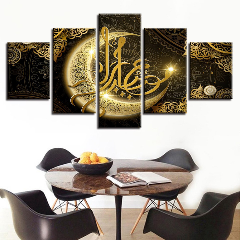 5 Piece painting Arabic Moon Islam Quote Religious Canvas Painting HD Prints Poster Pictures