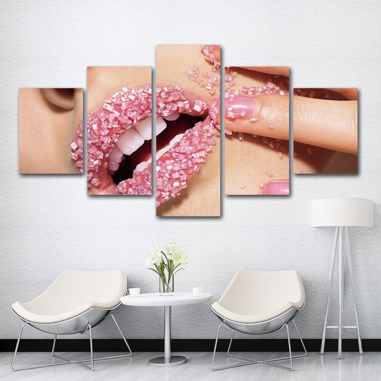 5 Panel Canvas Painting Crystal Manicure Nail Sexy Lips Canvas Wall Art Print and Poster Artwork