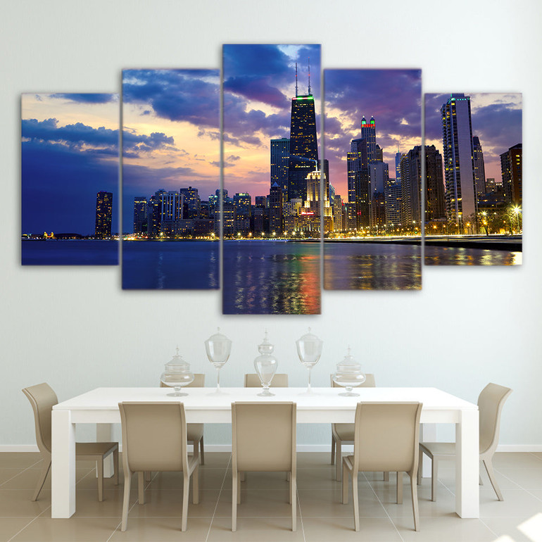 HD Painting Canvas Printed Wall Art 5 Pieces Busy City Chicago Night View Poster Modern Picture