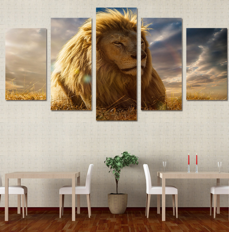 Canvas Art Modular Poster Wall HD Printed Modern 5 Panel Animal Lion Pictures Painting