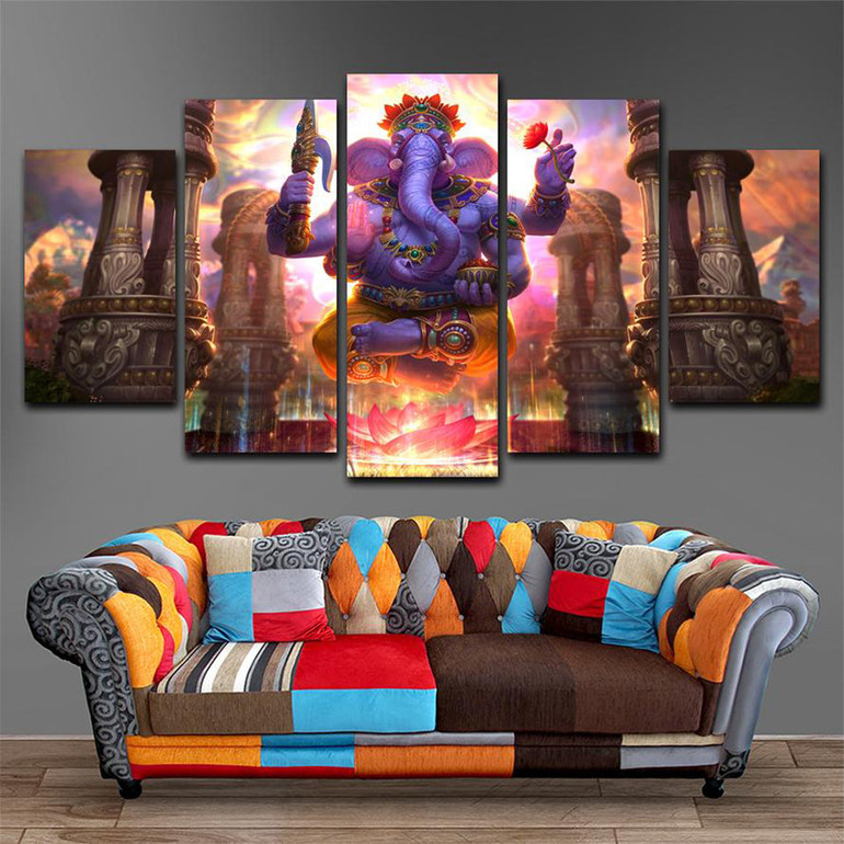 Canvas Wall Art Pictures 5 Panels Hindu Guardian Ganesha Paintings Living Room HD Prints Modular