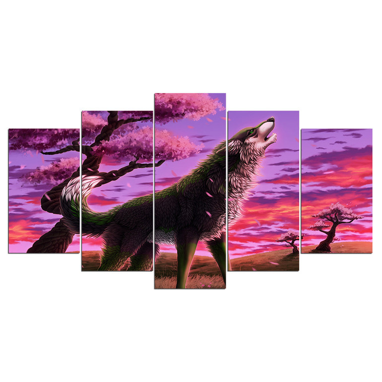 Canvas Modular HD Printed Pictures 5 Piece/Pcs Wolf And Peach Blossom Living Room Wall Art Painting