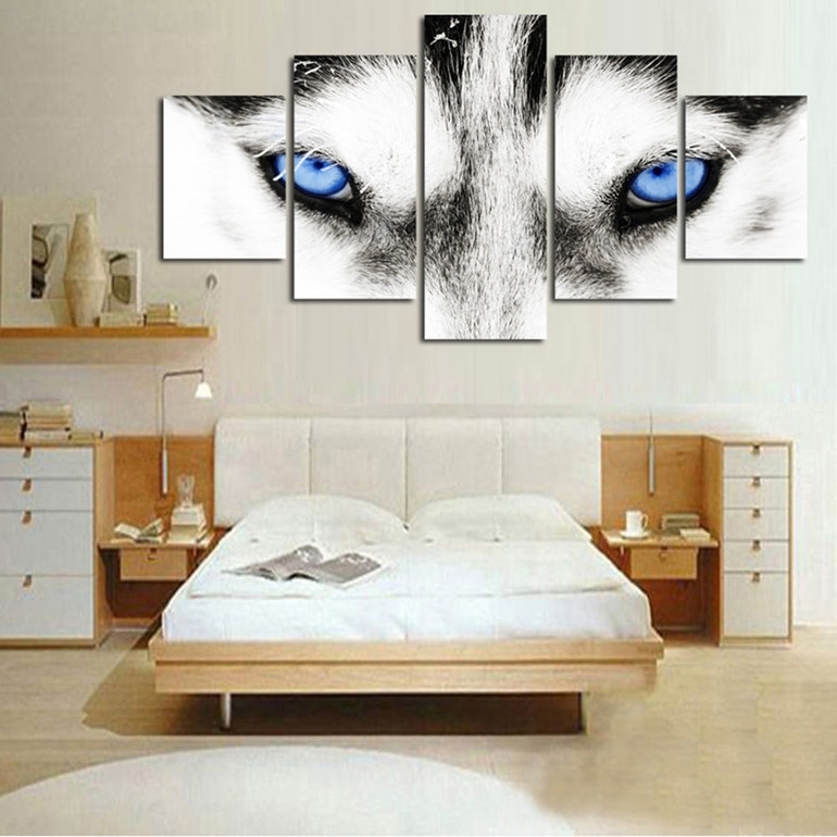 Canvas HD Print Pictures Wall Art 5 Panel White Wolf With Blue Eyes Paintings Modular Animal