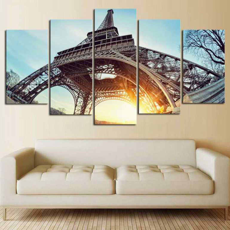 HD Printed Modular Canvas  5 Panels Paris Tower Sunset Scenery Wall Art Painting Living Room Picture