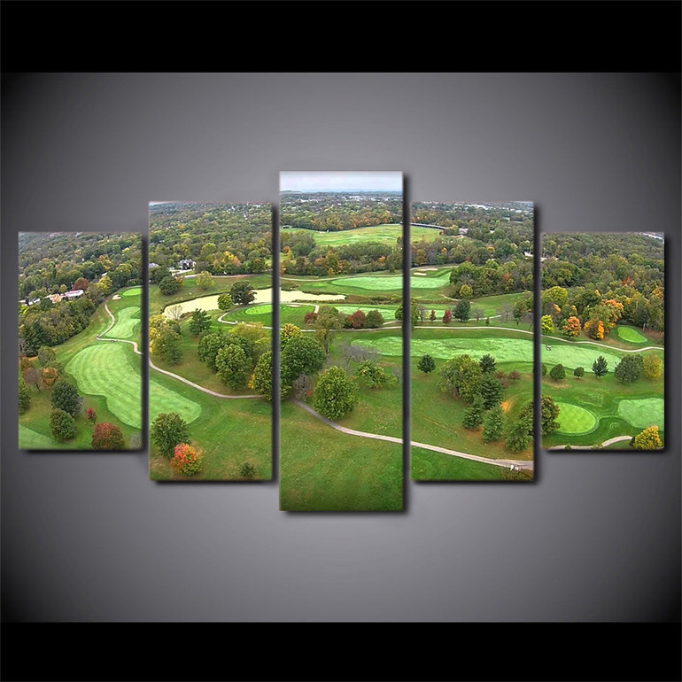 HD Printed Pictures Canvas Wall Art 5 Pieces Golf Course Green Aerial View Painting