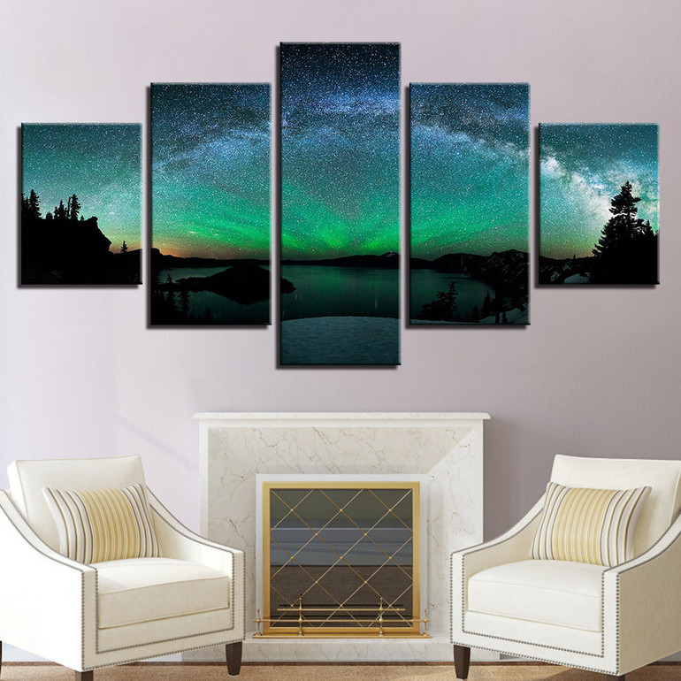 Canvas Wall Art Pictures Room 5 Pieces Aurora  Starry Sky HD Printed Night Scene Paintings