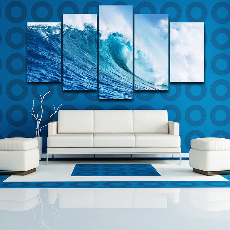 HD Pictures Modern Wall Art Printed Canvas Painting 5 Pieces Blue Sea Wave Seascape
