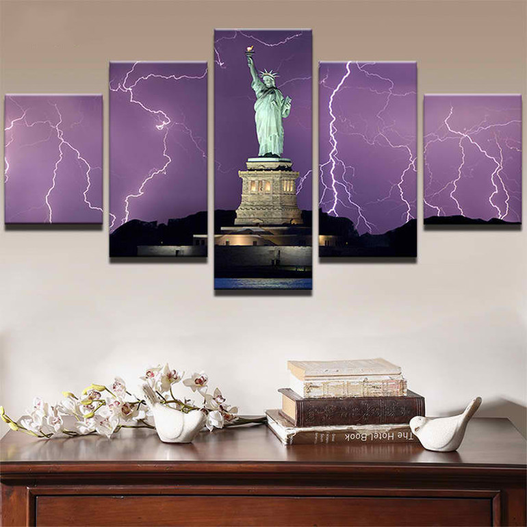 Wall Painting Modular Art Canvas Pictures  5 Panel Lightning Statue Of Liberty