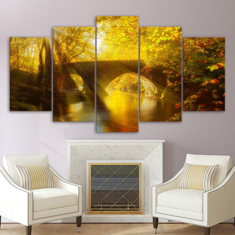Canvas HD Wall Art Painting 5 Panel Sunrise Bridge Landscape For Living Room Modern Pictures Printed