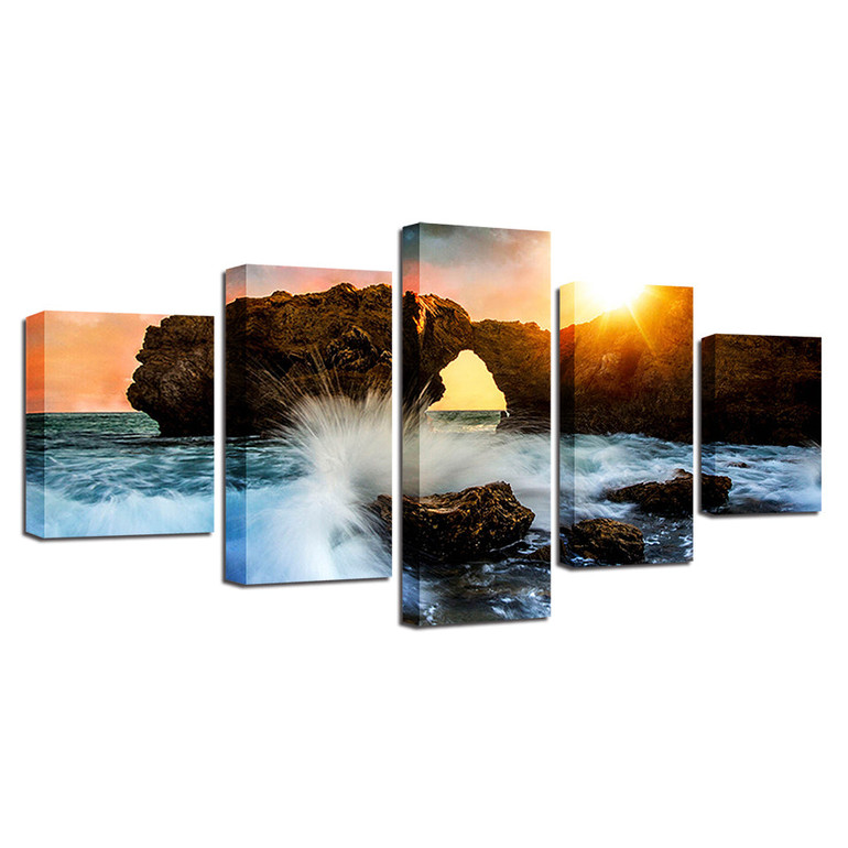 Home Wall Art Decor Pictures 5 Pieces Rock Sea Wave Sunshine Landscape HD Print Paintings On Canvas